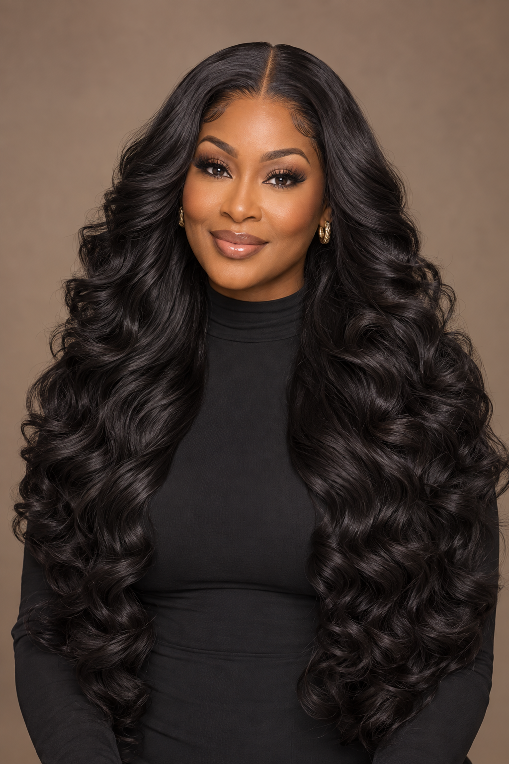 Wig style inspiration: Black woman modeling a long, voluminous lace-front wig